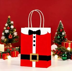 Sac cadeau en papier kraft de Noël avec impression costume de Père Noël pour les cadeaux de fêtes et de réveillon de Noël avec lien. - Product Image 3