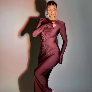 Col rond épaule <span class=keywords><strong>droite</strong></span> manches évasées plissé coupe ajustée couverture fesses robes formelles femmes robes de soirée robes de luxe - Product Image 2