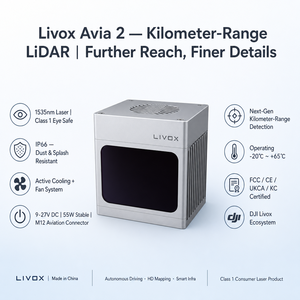 Dernier modèle Livox AVIA2 1535nm <span class=keywords><strong>LiDAR</strong></span> à portée moyenne, disponible maintenant, avec balayage non répétitif, IP66, pour la topographie par drone, la cartographie et la robotique - Product Image 1