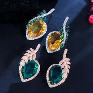 Unique Designer Leaf Feather Green Yellow Big Water Drop Cubic Zirconia Earrings for Women Wedding Engagement Party Accessories