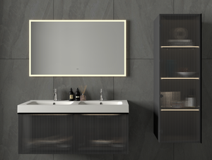 Meuble-lavabo flottant noir cannelé <span class=keywords><strong>MEBO</strong></span> avec armoire latérale haute en verre cannelé, armoire de salle de bain murale - Product Image 1