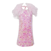 Gaun Pesta Anak Perempuan Berkilau Warna Pink Payet Iridescent Tulle Ruffle Puff Sleeve Shift Putri Ulang Tahun Balita Grosir