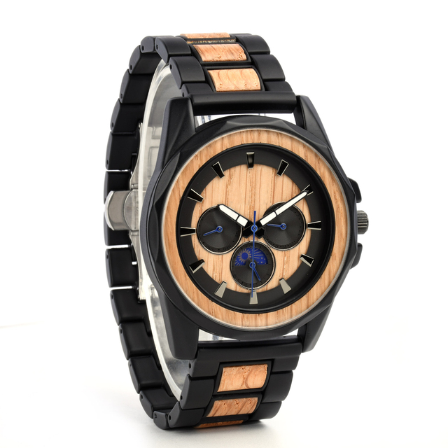 Waterproof Man Wood Watches 3 ATM Wood and Stainless Steel Watch Moon Phase Date and Day Display Wood Quartz Watches