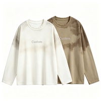 T-shirt personnalisé en gros à manches longues, délavé dégradé, col vieilli, style streetwear, coupe oversize, avec texte imprimé Kornit DTG