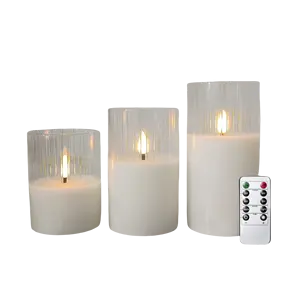 Groothandel Home Decor Wit Geribbeld Glas 3d Real Vlam Batterij Werkende Vlamloze Led Wax Kaarsen Met Afstandsbediening