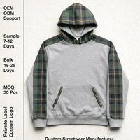 Sweat-shirt à capuche OEM pour homme, style athlétique, coupe ample, premium, minimaliste, gris chiné avec empiècements à carreaux, en coton épais, streetwear