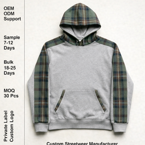 Sudadera con Capucha Minimalista Premium para Hombre, Estilo Deportivo, Color Gris Jaspeado con Paneles a Cuadros, Sudadera Gruesa de Algodón para Uso Diario - Product Image 1