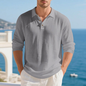 <span class=keywords><strong>Polo</strong></span> a Maniche Lunghe da Uomo 95% Lino 5% Poliestere Tessuto Tinta Unita Vestibilità Rilassata Pronta Consegna Primavera - Product Image 4