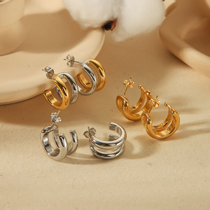 Pendientes Huggie en Forma de C de Doble Línea, Acero Inoxidable Chapado en Oro de 18K, Geométricos, Modernos y Versátiles - Product Image 3