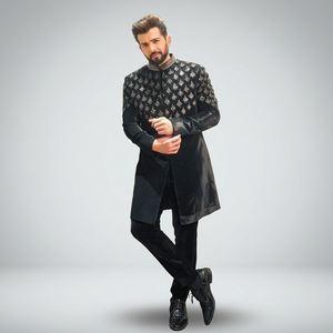 NEW-BEAUTIFUL EMBROIDERY on STYLISH BLACK VELVET SHERWANI and <b>PANT</b> WITH Men's Suits & Blazer>Men's Suits - Product Image 4