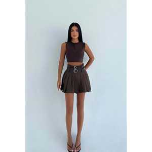 กระโปรงมินิสั้นทรงโกธิคสีน้ำตาล Sinatra พร้อมเข็มขัดคู่ แต่งระบายจีบประดับเลื่อม ดีไซน์พันรอบตัว ลายปะติดปะต่อ ทรงเข้ารูป - Product Image 2