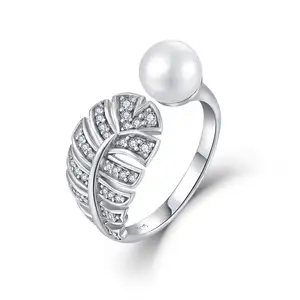 Produits à la mode 2024 livraison directe bijoux en argent personnalisés 925 perle cristal pavé plume mode réglable anneau femmes cadeau