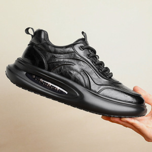 Chaussures décontractées en cuir noir pour hommes, talon moyen, semelle épaisse, rehaussantes, à lacets avant, couleur unie, modèle 70182 - Product Image 3