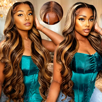 Perruque naturelle noire avec mèches blondes, mélange de couleurs, ondulée, bouclée, pré-épilée, avec dentelle transparente HD, en cheveux humains vierges bruts