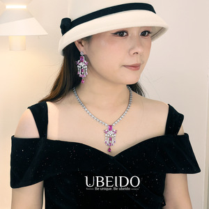 Ensemble collier et boucles d'oreilles papillon en zircon rose de luxe pour femmes, bijoux élégants en cristal pour mariage, soirée, robe de soirée - Product Image 3