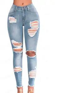 2023High Quality Women's Denim Hole Skinny Stretchy Pencil Plus Size Jean Pants High Waist Jeans For Women