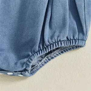 1 Pcs Private Label Recém-nascido Infantil Bebê Menina Denim Roupas Praça Pescoço Bow Strap Frente Macacão Sem Mangas Do Bebê Meninas Romper - Product Image 4