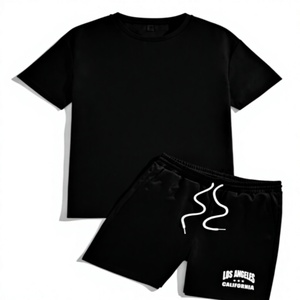 Men's Casual Summer T-Shirt <b>Set</b> Black Cotton Crew Neck <b>Knitted</b> Shorts Breathable Streetwear Outfit Los Angeles Print - Product Image 1