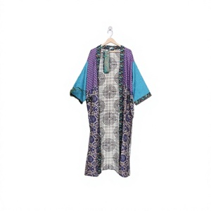 Bata Larga Estampada Geométrica para Mujer, Manga 3/4, Cuello Redondo, Estilo Casual de Verano, Mezcla de Viscosa y Poliéster, Tejido Suave - Product Image 1
