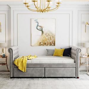 Modern Stylish Sturdy Fabric Living Room Sofa Twin Single Linen Fabric <strong>Day</strong> <strong>Bed</strong> Sofa <strong>Beds</strong> <strong>With</strong> Two <strong>Drawers</strong> - Product Image 3