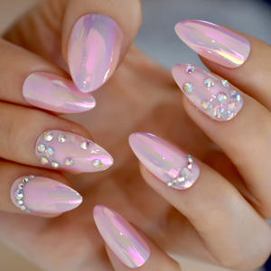 Nouveaux ongles chromés <span class=keywords><strong>avec</strong></span> <span class=keywords><strong>strass</strong></span> amande néon longueur moyenne <span class=keywords><strong>rose</strong></span> luxe presse sur les ongles - Product Image 1