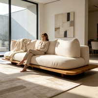 Sofa Platform Gaya Wabi Sabi Minimalis Jepang dengan Alas Kayu Solid, Sofa 3 Dudukan Berbahan Kain Teddy, Sofa Duduk Dalam untuk Ruang Tamu Rumah