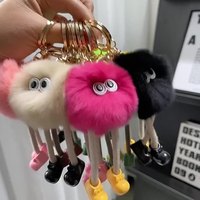 Mignon véritable fourrure de lapin de loutre petites longues jambes porte-clés en peluche petite boule de charbon pendentif accessoires de voiture et porte-clés de sac