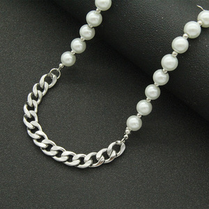 Trendy Hip Hop Pearl <b>Titanium</b> Steel Splicing Cuban <b>Chain</b> Fashion Necklace - Product Image 4