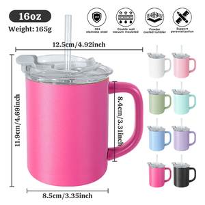 Vaso térmico de acero inoxidable de 16 oz <span class=keywords><strong>con</strong></span> logo personalizado, doble pared, aislado, ligero, <span class=keywords><strong>con</strong></span> asa y tapa <span class=keywords><strong>con</strong></span> pajita. - Product Image 2