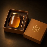 Boîte cadeau en carton rigide à deux compartiments, finition caramel mat, logo en feuille d'or, emballage de luxe pour pot de miel personnalisé