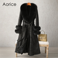 Manteau long d'hiver PUDI pour femme avec ceinture, col en fourrure de renard, doublure en lapin, style décontracté vintage, épais en laine non tissée CT186