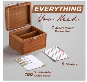 Acacia Wood Double Compartment <strong>Recipe</strong> <strong>Box</strong> Set 100 4x6 Cards with 8 Dividers Thick Card Stock Stand for Kitchen Counter Storage - Product Image 4