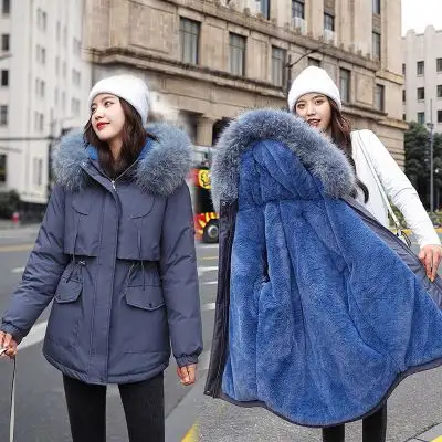 Ladies Velvet Liner Thicken Hooded Parka Women Slim With Big Fur Collar Outerwear Autumn Winter Jacket Coat Parkas Female