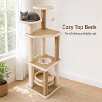 En gros Arbre à chat moderne en bois à cinq niveaux avec poteaux en corde de sisal naturelle, plateformes de observation, grand condo pour chat et ouverture de fenêtre panoramique