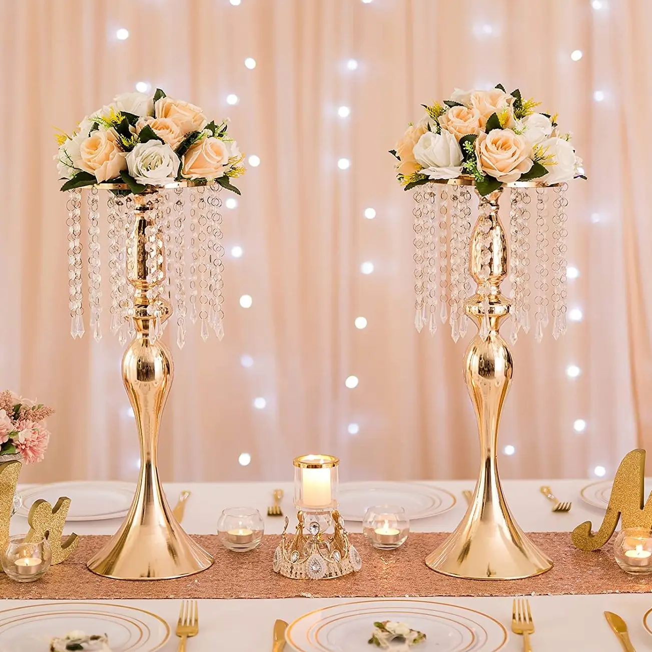 ดอกไม้โลหะสีทองจำนวนมาก,ขาตั้งพื้นสำหรับตกแต่งห้องรับแขกคริสตัลวางบนโต๊ะงานแต่งงาน