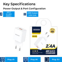 Chargeur à prise européenne 2,4 A, adaptateur mural USB, bloc de charge portable AC220V pour téléphone, tablette, voyage OG30