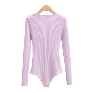 최신 디자인 면 전면 레이스 긴 소매 바디 수트 핫 세일 여성 탑 일반 블랙 골지 플러스 사이즈 캐주얼 스타일 - Product Image 4