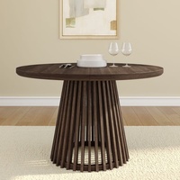 Table ronde moderne en bois de noyer avec base en planches et poutres, table à manger ronde avec plateau en bois, table à manger de hauteur 37 pouces