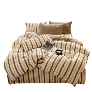 Juego <span class=keywords><strong>de</strong></span> Ropa <span class=keywords><strong>de</strong></span> Cama <span class=keywords><strong>de</strong></span> Felpa con Rayas Neutras, Suave al Tacto, Ultra Cálido, <span class=keywords><strong>de</strong></span> Coral, para el Hogar - Product Image 1