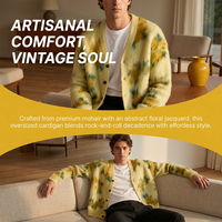 Cardigan Premium pour Homme en Laine Mohair à Col en V, Motif Floral, Simple Boutonnage, Coupe Oversize, Tricoté pour l'Automne, Logo Personnalisé, Faible MOQ