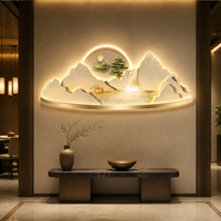 Art mural en bois MDF Golden Mountain avec éclairage LED, paysage lumineux pour salon, bureau, hôtel, intérieurs contemporains