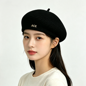 Women Solid Black Crochet Knit <b>Beret</b> Beanie Hat with Metal ACE Logo Soft Stretch Fashion for Autumn Winter Wholesale - Product Image 1