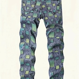 Nuevos Jeans de Mezclilla con Parches para Hombre - Diseño Único con Patrón Cuadrado, Tela Elástica de Alta Calidad, Ideal para Hip-hop - Product Image 2