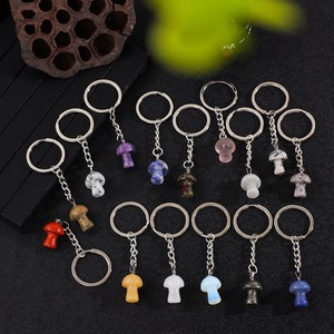 20mm Crystal Mushroom Pendant Keychain Healing Gemstone Rose Quartz Tiger Eye Amethyst Stone Keyrings