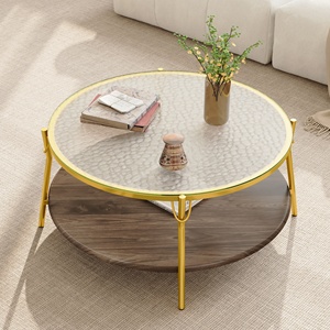 Tavolino da Caffè Moderno Rotondo in Noce a 2 Livelli con Piano in Vetro e Base Dorata per Soggiorno 29.9 - Product Image 5