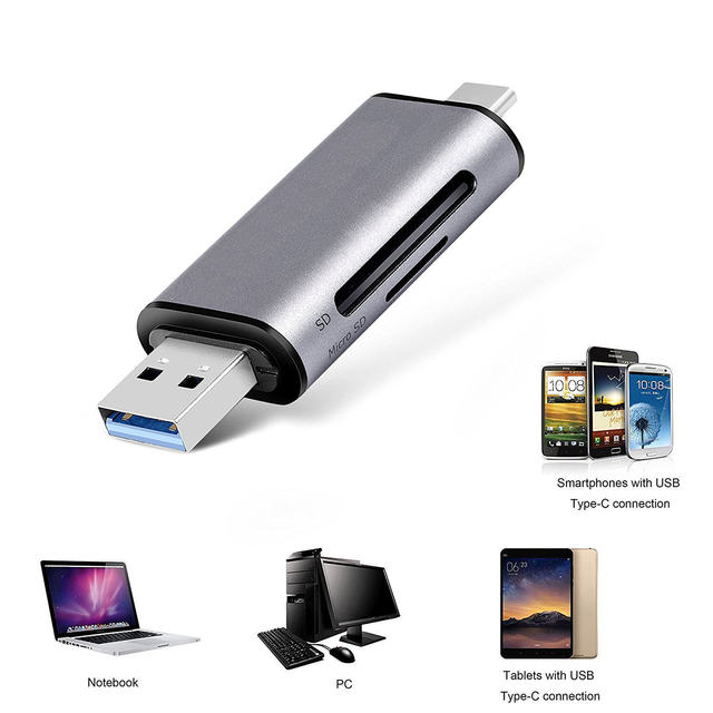 High Speed USB3.0 Multi Function Card Reader Aluminum Shell USB a Type C Dual Port SD TF Memory Card Reader for Mobile PC