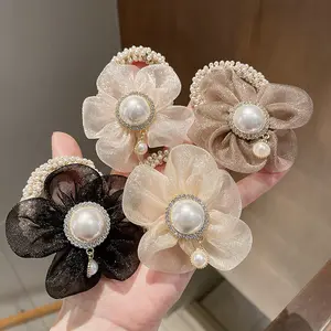 Moda aksesuar organze kadın saç ipi inci kristal elastik saç bağları çiçek kumaş Scrunchies saç bandı