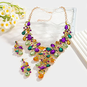 طقم مجوهرات كرنفالي أنيق مرصع بالأحجار الكريمة، قلادة كبيرة فاخرة مع أقراط، إكسسوارات ملونة ولامعة للنساء في العطلات والحفلات - Product Image 4