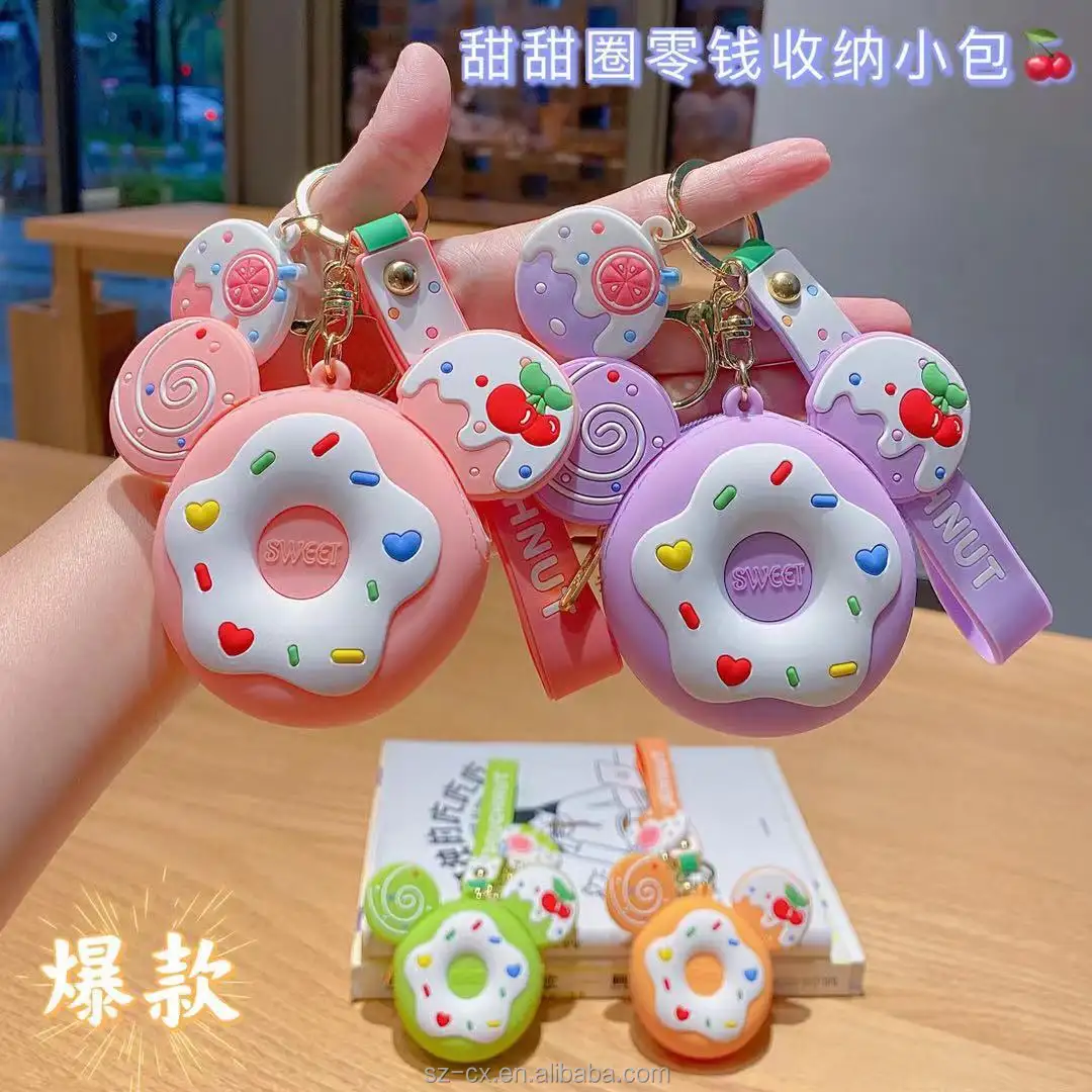 custom cute doughnut charm silicone rubber jelly zipper coin bag wallet mini coin purse keychain silicone coin pouch for girls