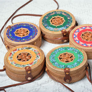 לוגו מותאם אישית בעבודת יד קש מודפס הלאומי סגנון קטן עגול קש כתף Crossbody תיק עבור קיץ החוף - Product Image 1